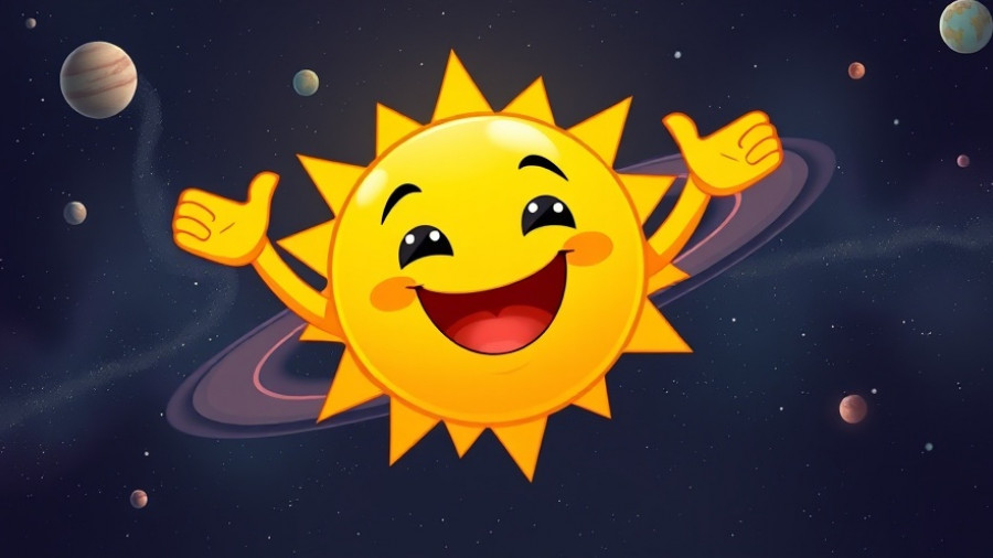 Cheerful cartoon sun orbiting symbol in space for open-source AI development.