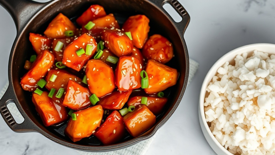 General Tso's Chicken Recipe served in a cast iron pan with garnish.