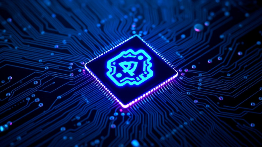 Futuristic microcontroller with glowing AI circuits.
