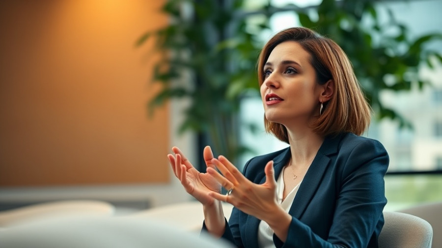 Confident woman speaks at conference with blurred plant background.