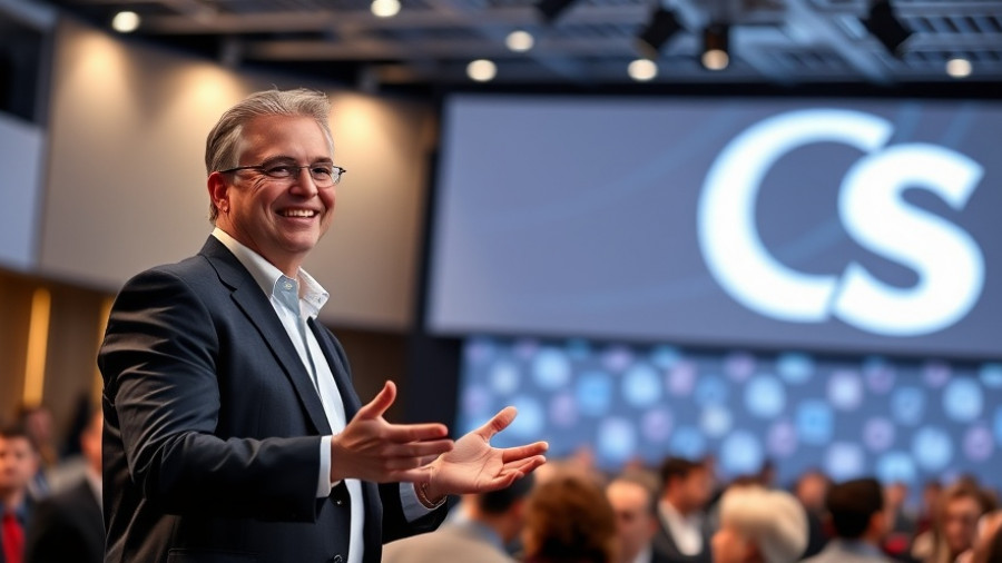 Business executive smiling on stage with logo, Microsoft investment in OpenAI.