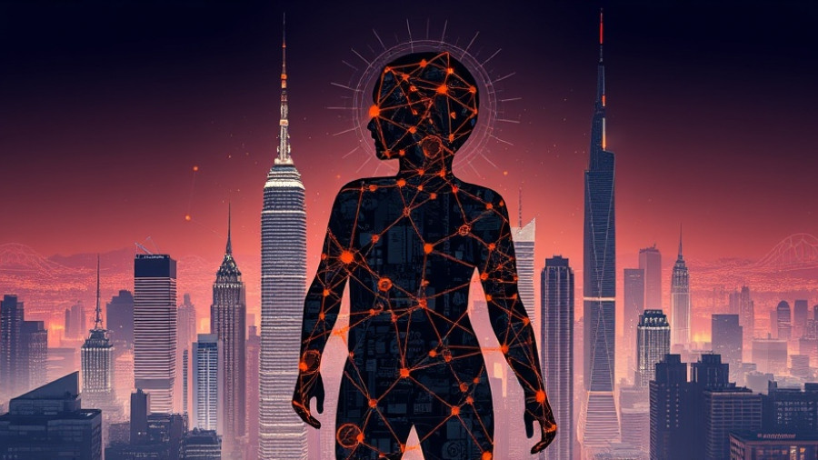 Agentic AI concept art with geometric patterns and cityscape.