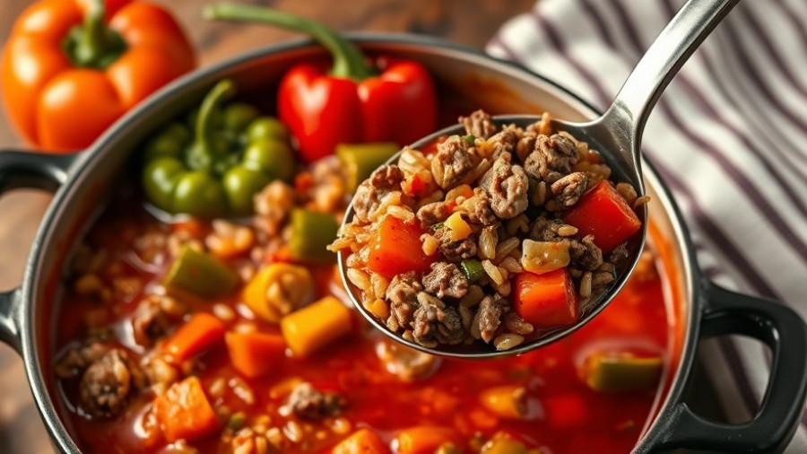 Hearty stuffed pepper soup in a pot with rich tomato broth.