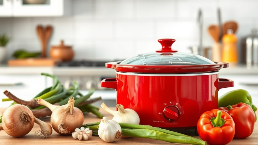 Red slow cooker on kitchen counter with onions and peppers.