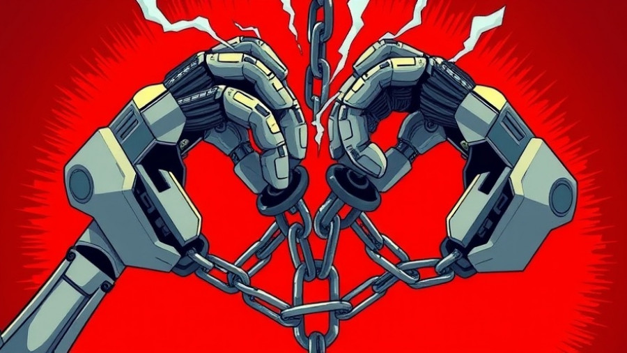 Robotic hands breaking free, illustrating AI risks and control.