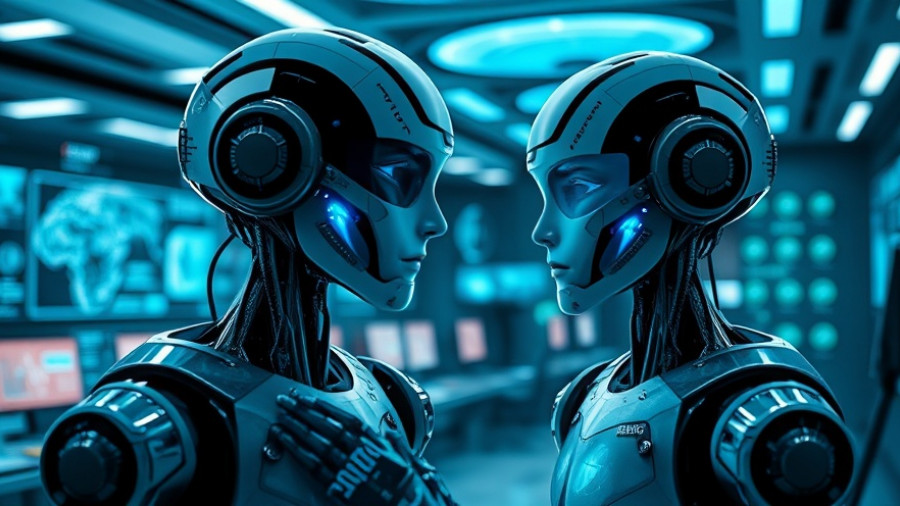 Futuristic humanoid robots in an office interacting with holographic screens, representing agentic AI.