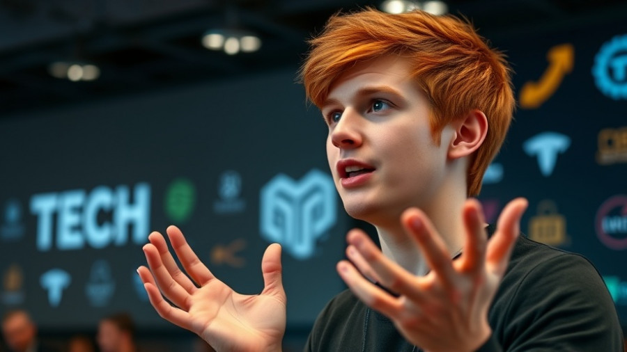 Young presenter at tech conference on agentic AI, gesturing expressively.