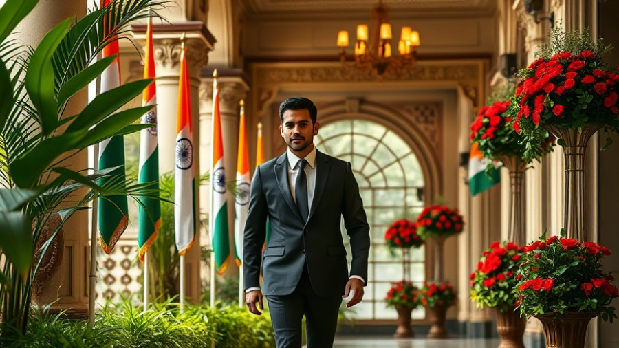Elegant individual in formal attire walking past Indian flags indoors.