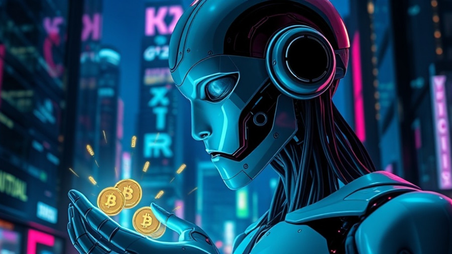 Futuristic AI robot analyzing cryptocurrencies in a neon cityscape.