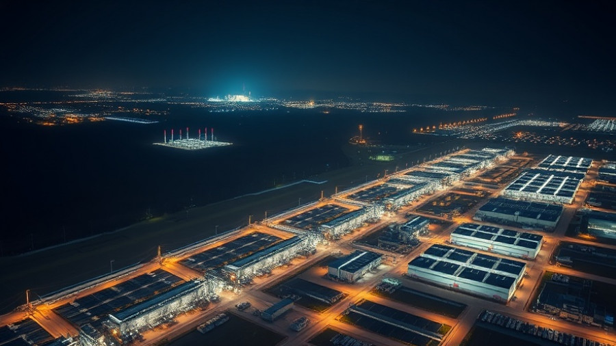Aerial view of a high-tech data center at night with bright lights.