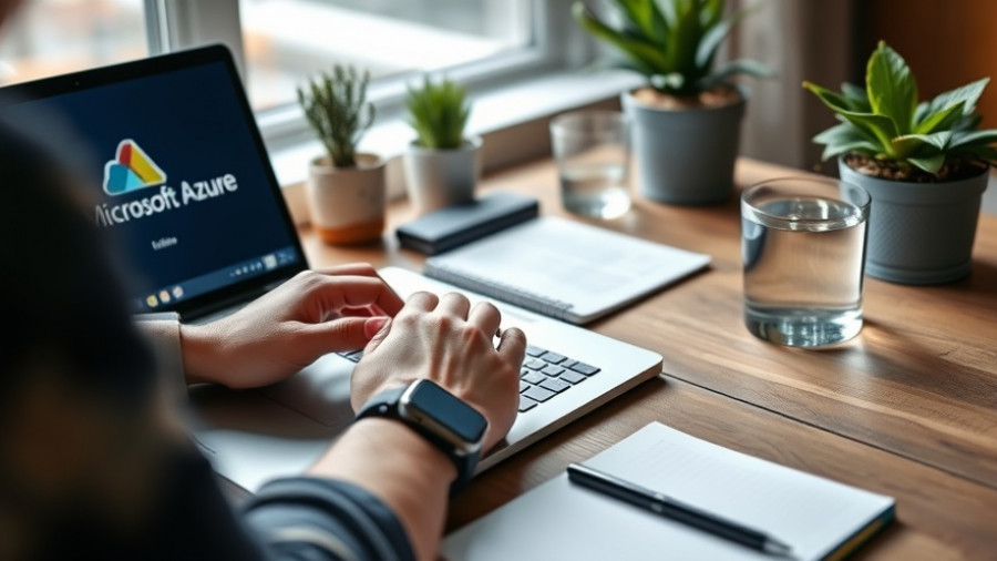 Microsoft AI on laptop screen with hands typing near plants and a notebook.