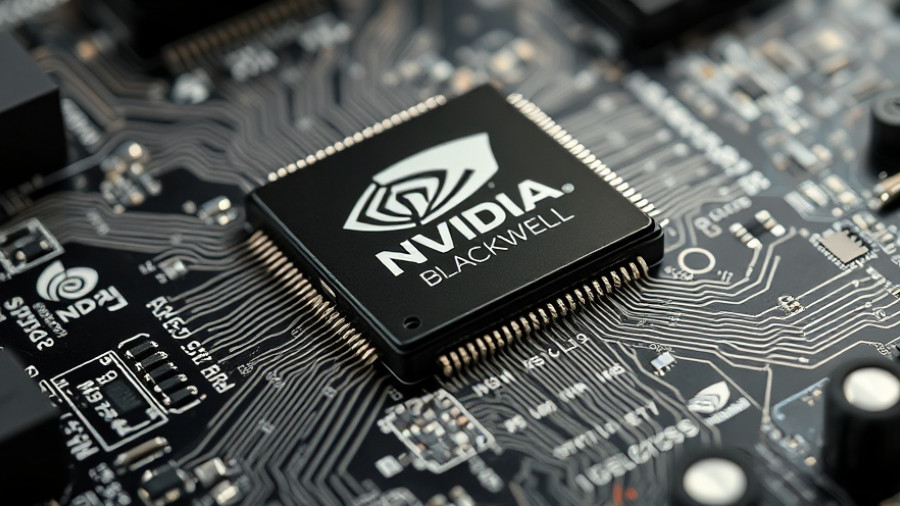 Close-up of Nvidia Blackwell chip with detailed circuitry.