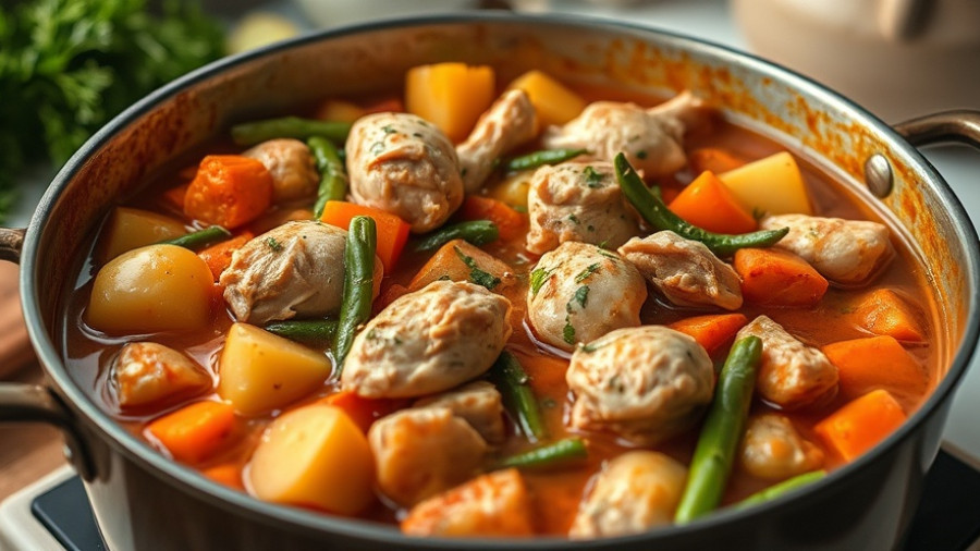 Vibrant chicken and vegetable stew in a pot, garnished, comforting meal.