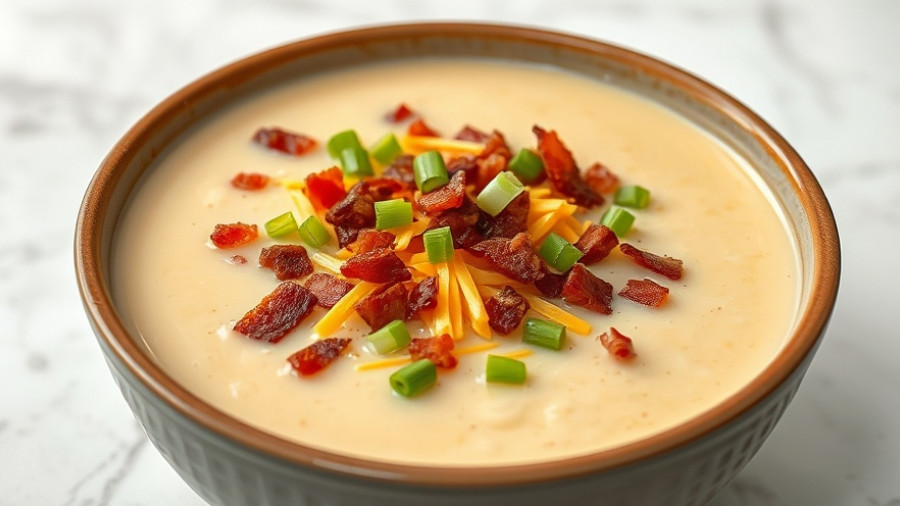 Creamy soup with bacon and cheese garnishing, fun recipes.