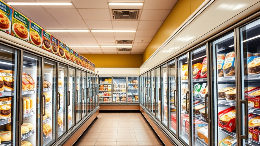 Variety of frozen pies and meals in a grocery freezer aisle under bright lights.