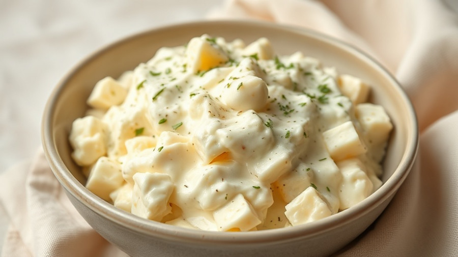 Creamy no-peel egg salad served on a light surface.