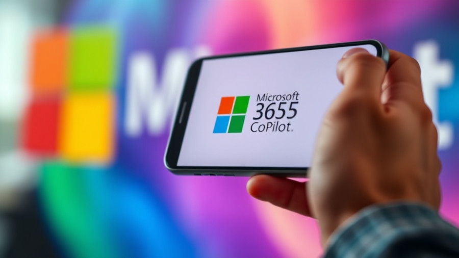 Microsoft 365 Copilot app on smartphone with logo in background.