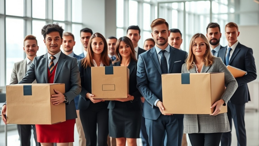 Somber professionals holding boxes in office, indicating AI layoffs.