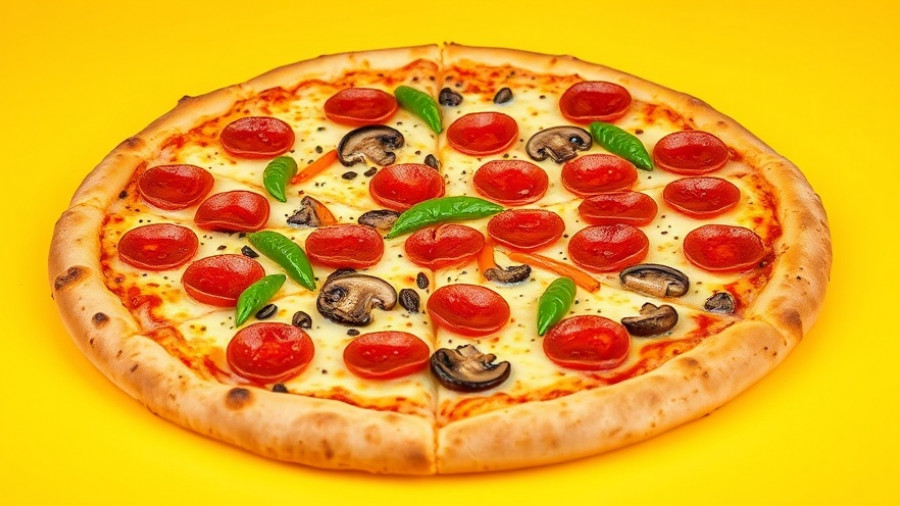 Pepperoni and mushroom pizza on a yellow background.
