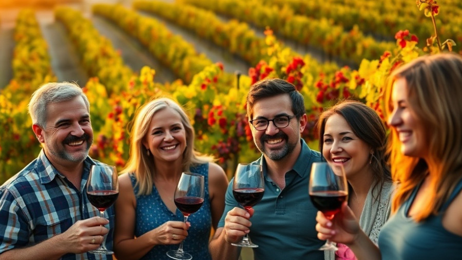 Smiling group enjoying wine at vineyard, agentic ai theme.