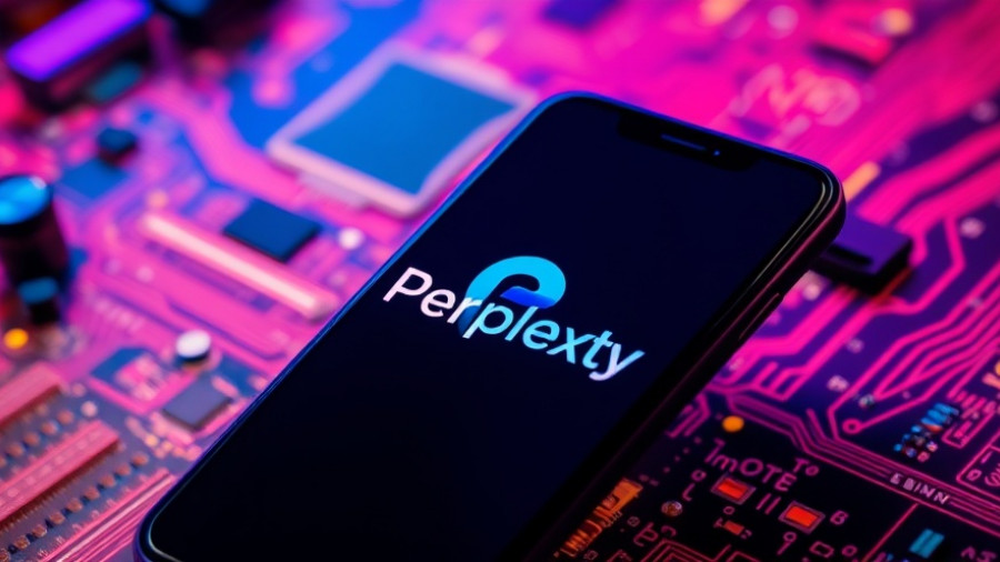 Perplexity AI logo on smartphone, vibrant circuit board background.