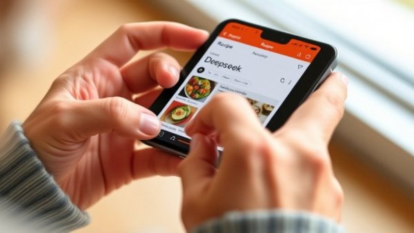 Hands using Deepseek app on smartphone for recipe search.