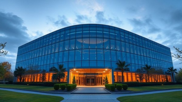 Modern technological building with a sleek glass facade at dusk.