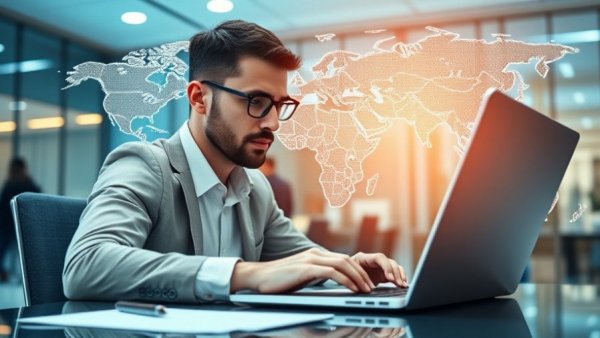 Economist analyzes market trends on laptop with a digital world map.