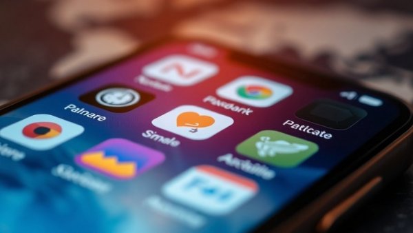 Close-up view of smartphone app icons with world map wallpaper.