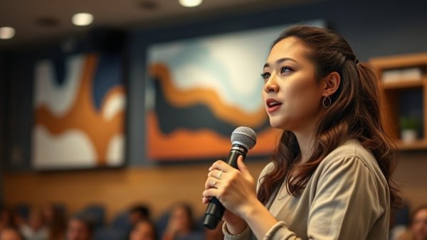 Confident young woman speaking on stage about Claude AI.
