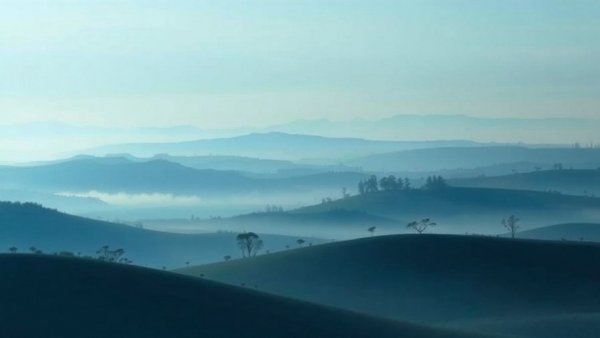 Misty hills and trees in blue landscape.