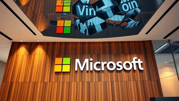 Modern Microsoft office lobby with AI technology theme.