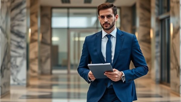 Businessman in blue suit with notepad in office building, open ai.