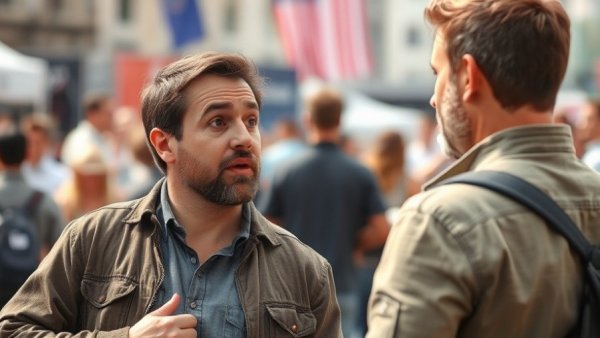 Two men having a surprising conversation at an outdoor event.