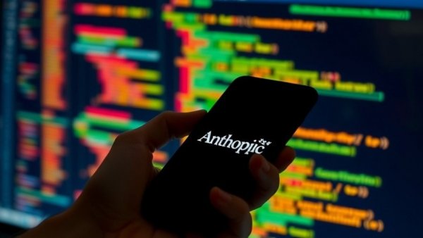 Hand holding phone with Anthropc logo, coding background