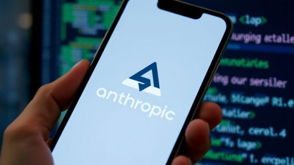 Anthropic AI logo on smartphone with code in background, $30 billion funding.