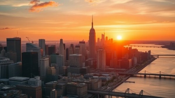 Nvidia earnings concept with New York City skyline at sunset.