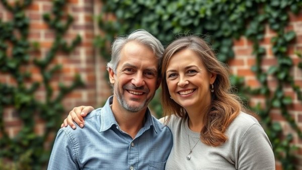 Smiling couple in garden setting with ivy background