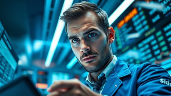 Trader analyzing stock data in a busy exchange, Nvidia earnings context.