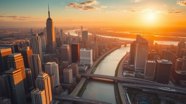 Aerial view of city skyline at sunset, symbolizing market dynamics.