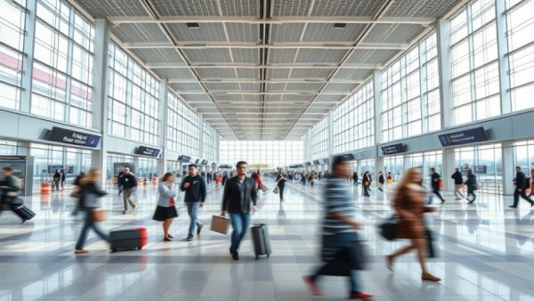 Agentic AI in a bustling modern airport terminal.