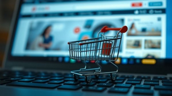 Mini shopping cart on laptop; concept of AI agents in e-commerce.
