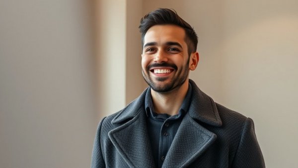Confident man smiling warmly in a stylish coat
