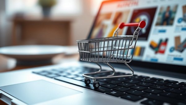 Small shopping cart on laptop, online shopping concept