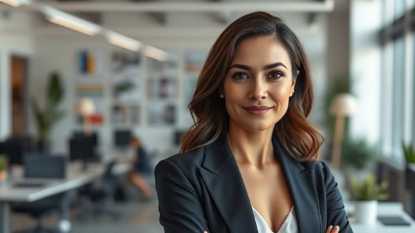 Confident woman with AI portrait in modern office, AI ownership creator economy.