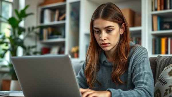 AI generative anger management: woman using laptop for focus.