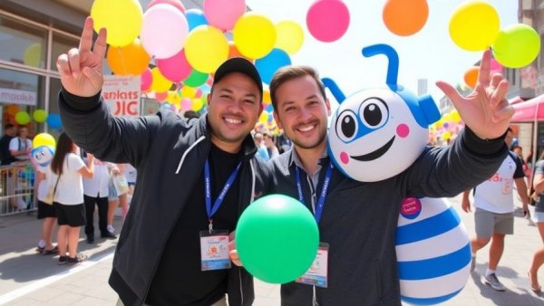 AI agents in business concept with people and mascots at an event.