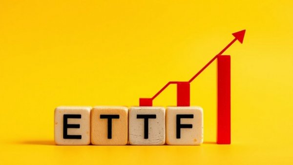 Minimalistic image of ETF blocks with upward trend graph, vibrant yellow.