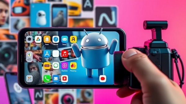 Vibrant tech trio with smartphone, Android mascot, and camera in cinematic setting.