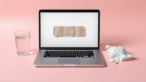 Laptop with bandage, pills, and water glass on pink surface, claude ai concept.